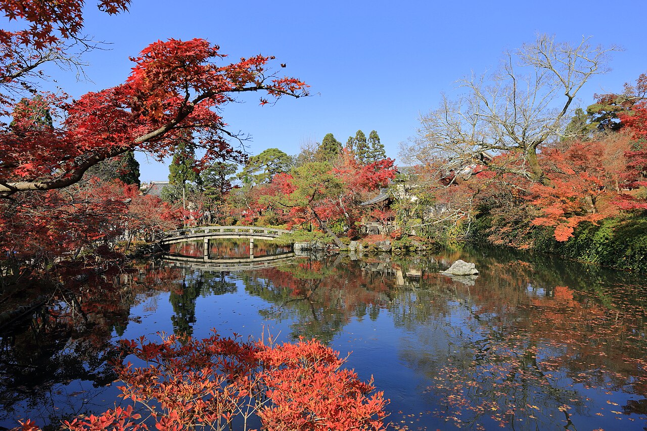 京都永观堂池塘边的红叶、石桥和水中倒影。