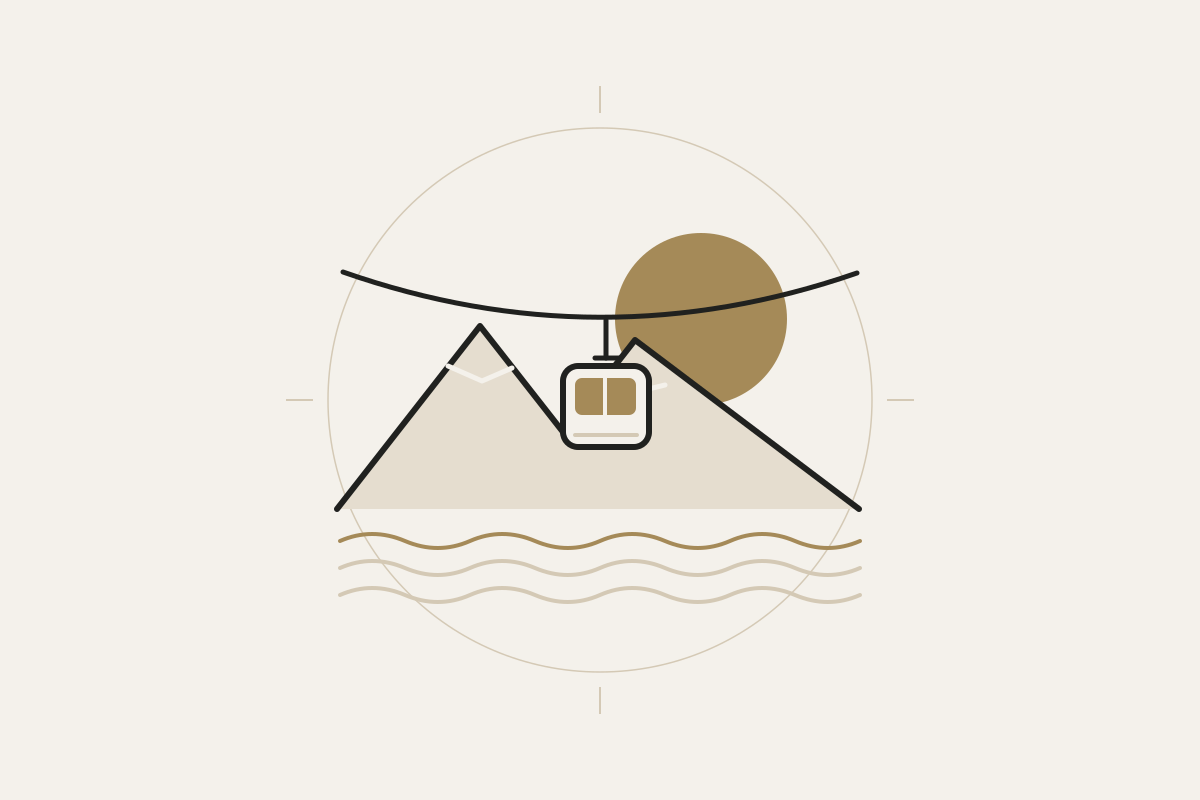 山峦、湖面波纹和悬挂式缆车的原创组合图，原创示意非实景。