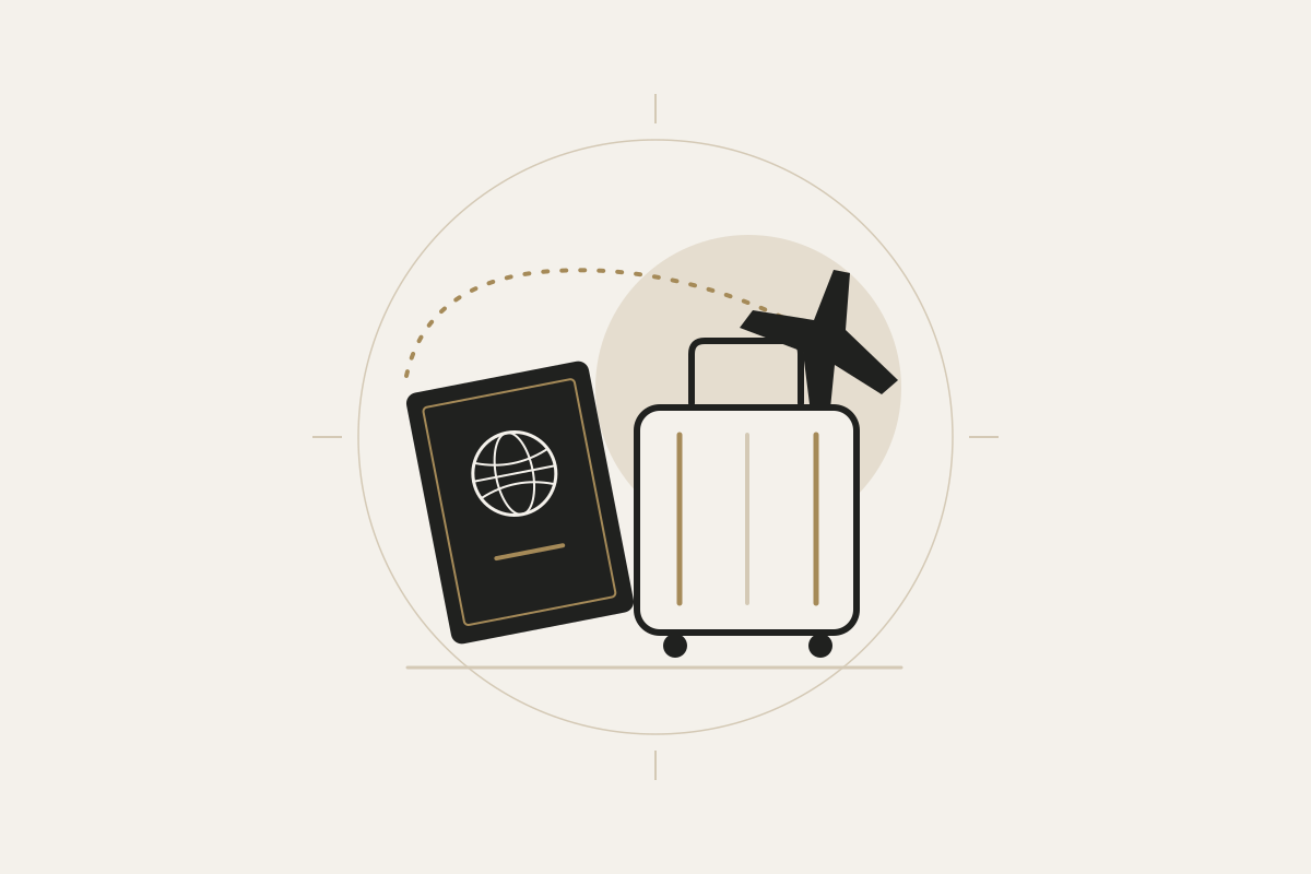 抽象护照、行李箱与飞机符号组合,虚线表示旅途概念,原创示意非实景。
