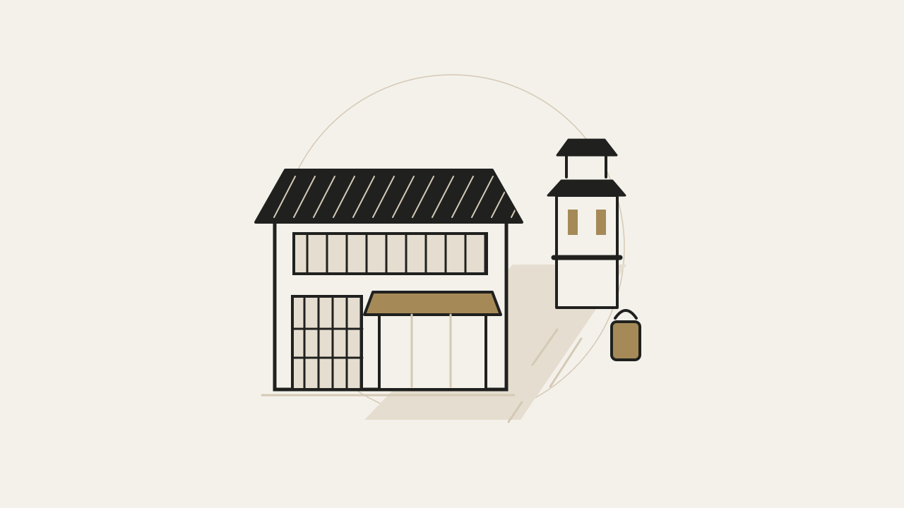 黑瓦老街店面、格栅窗与街巷远处的抽象木塔,原创示意非实景。