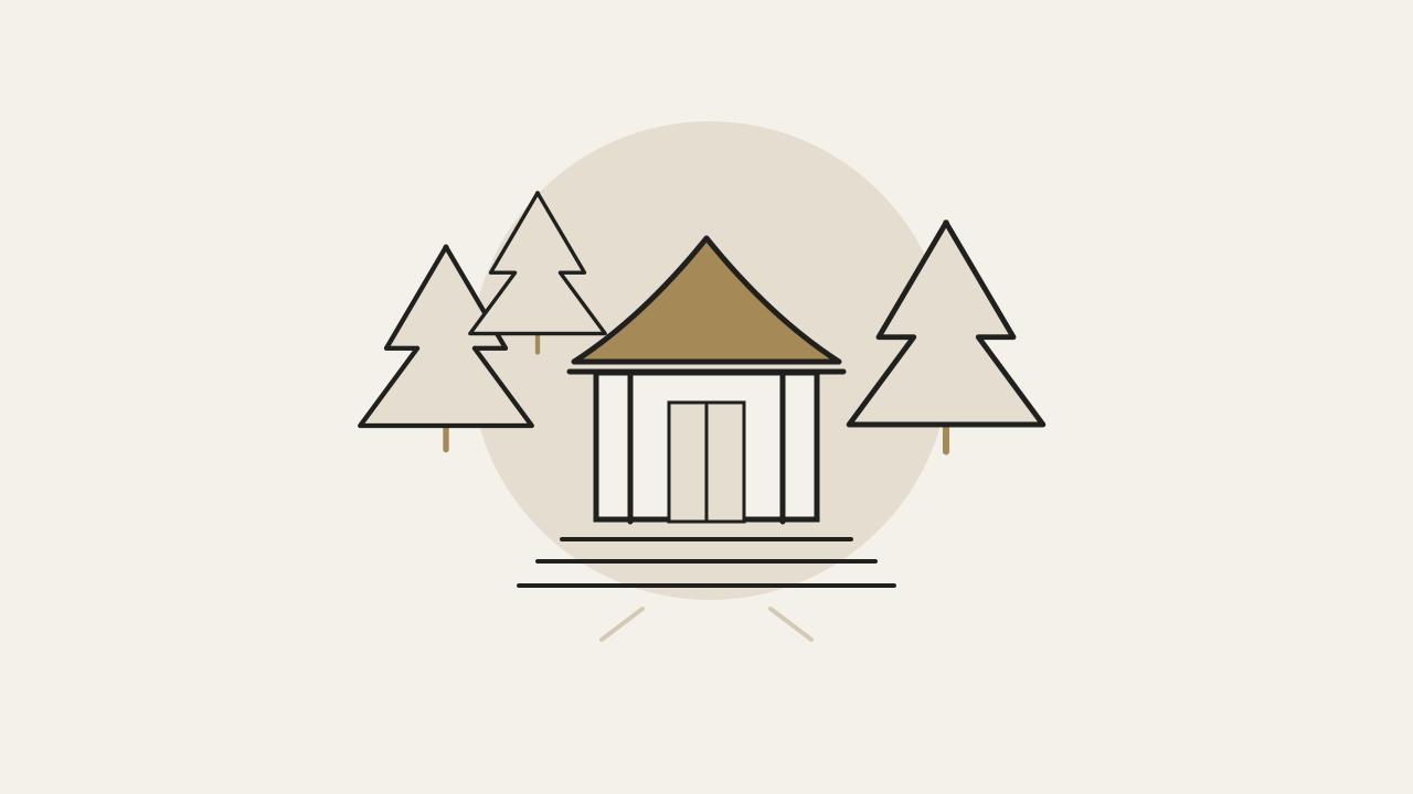 高树环绕一座泛化的传统屋顶建筑与台阶,原创示意非实景。